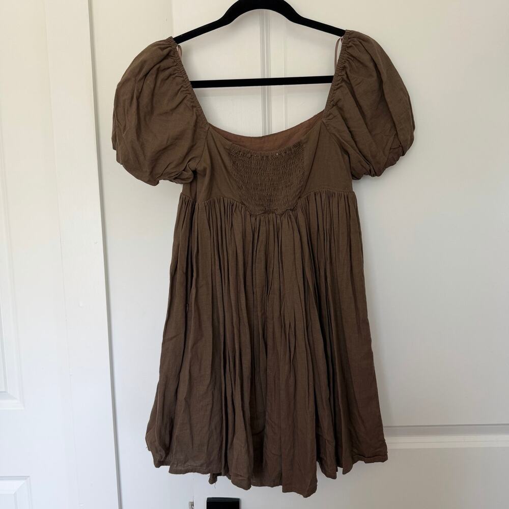 Mable (S) Linen Puff Sleeve Babydoll Mini Dress Brown Cottagecore - Picture 3 of 9
